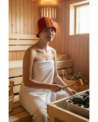 Saunahat - stribet rød/gul, 100% uld SAUNA TILBEHØR